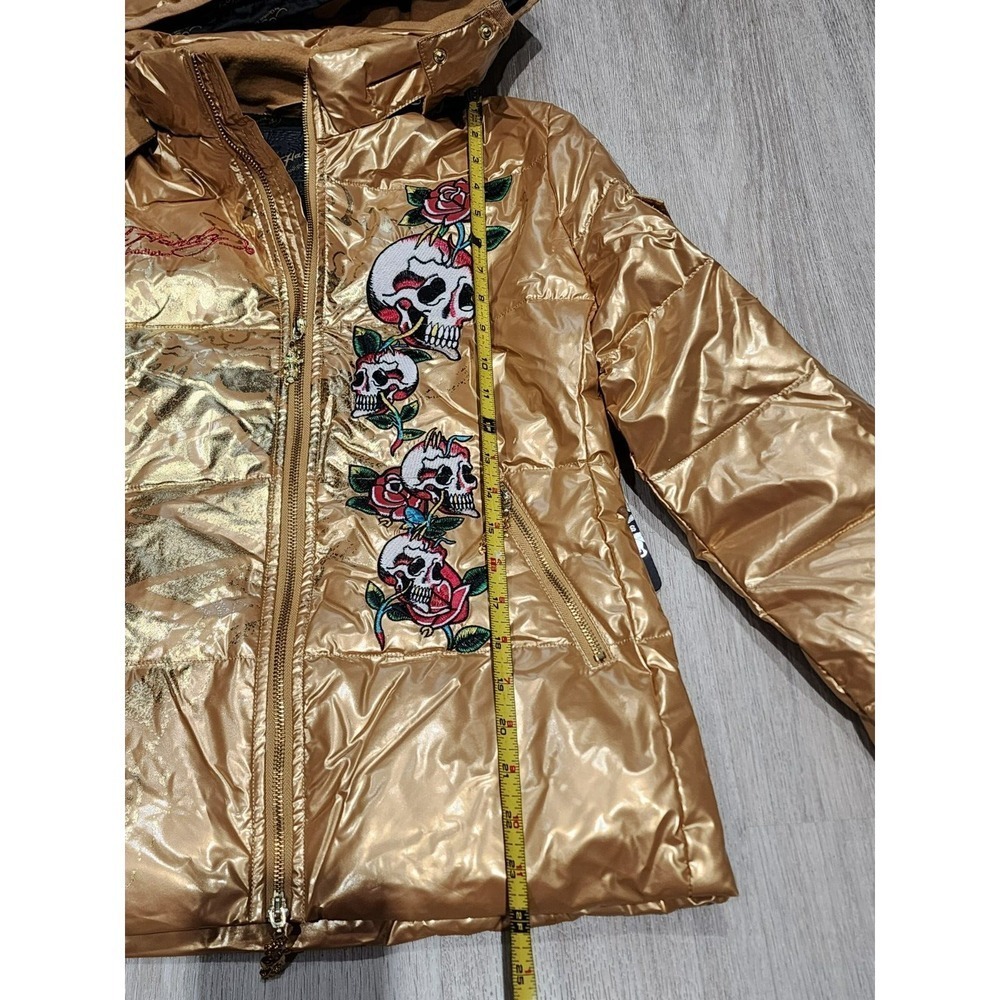 Ed Hardy By Christian Andigier Womens Puffer Jacket Skull Rose Gold Size M - Picture 6 of 11